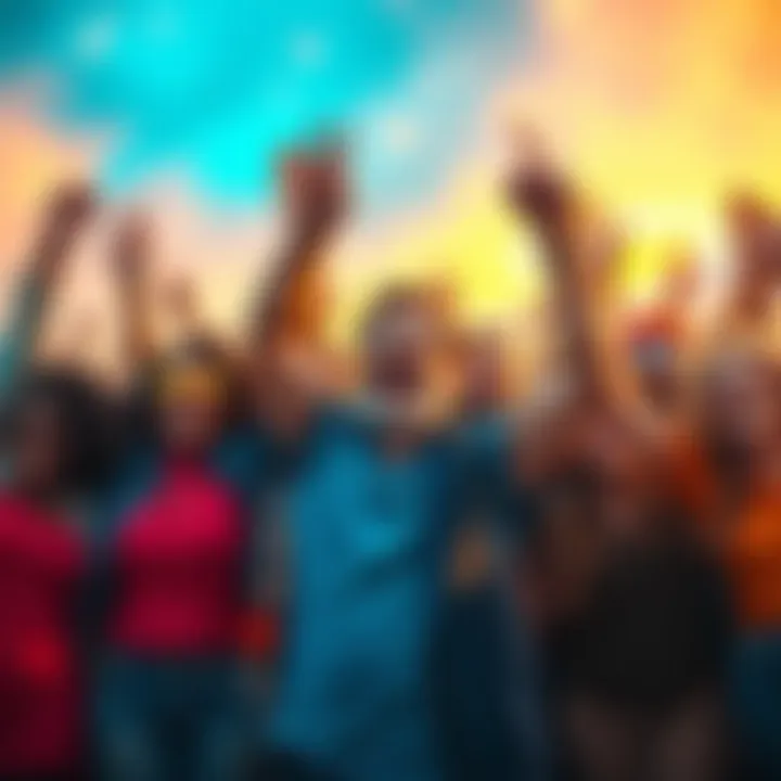 A diverse group of people joyfully celebrating together with smiles and raised arms, showing unity and accomplishment.