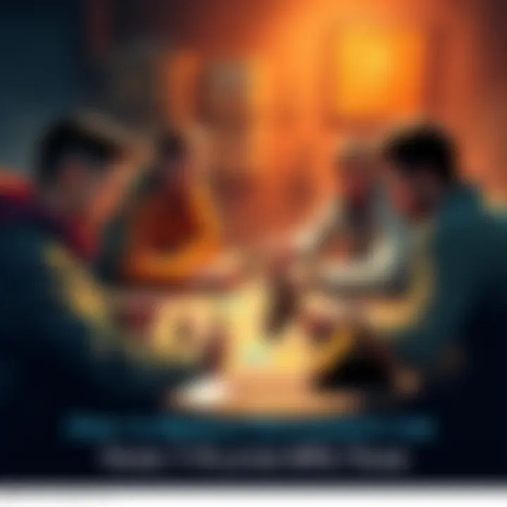 Group of friends playing tabletop RPG Seven players engaged in a tabletop RPG session, discussing strategies and character roles around a game board