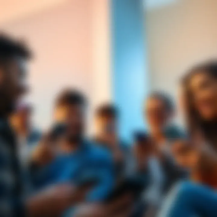 A diverse group of friends engaged in conversation while looking at their smartphones, reacting with surprise and curiosity, showcasing the phrase 'Bro WHAT' in social media context.