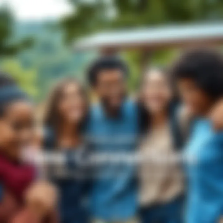 A diverse group of friends smiling and laughing together outdoors, representing new connections and friendships.