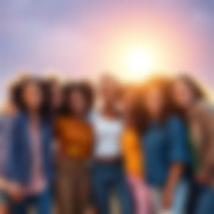 Group of friends supporting each other A diverse group of friends standing together, smiling and showing solidarity.