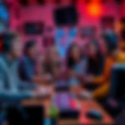 A diverse group of gamers playing together, smiling and celebrating their achievements in a cozy gaming space.
