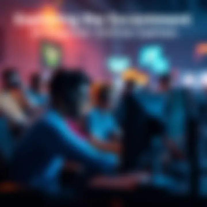 A diverse group of people gathered around computers, engaged in an online gaming session with excitement and teamwork.