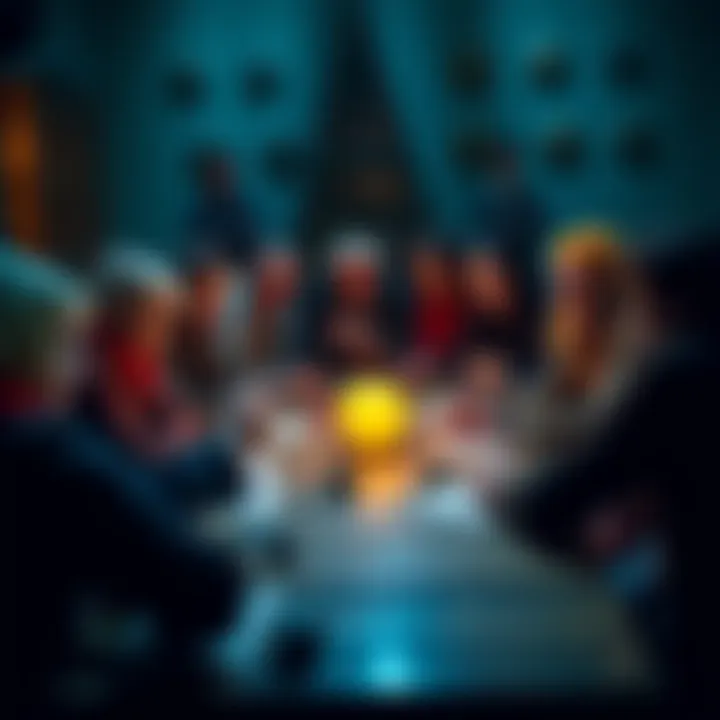 A large group of nine people gathered around a table, engaged in a Dungeons & Dragons session with dice and character sheets, illustrating the excitement of a game night.