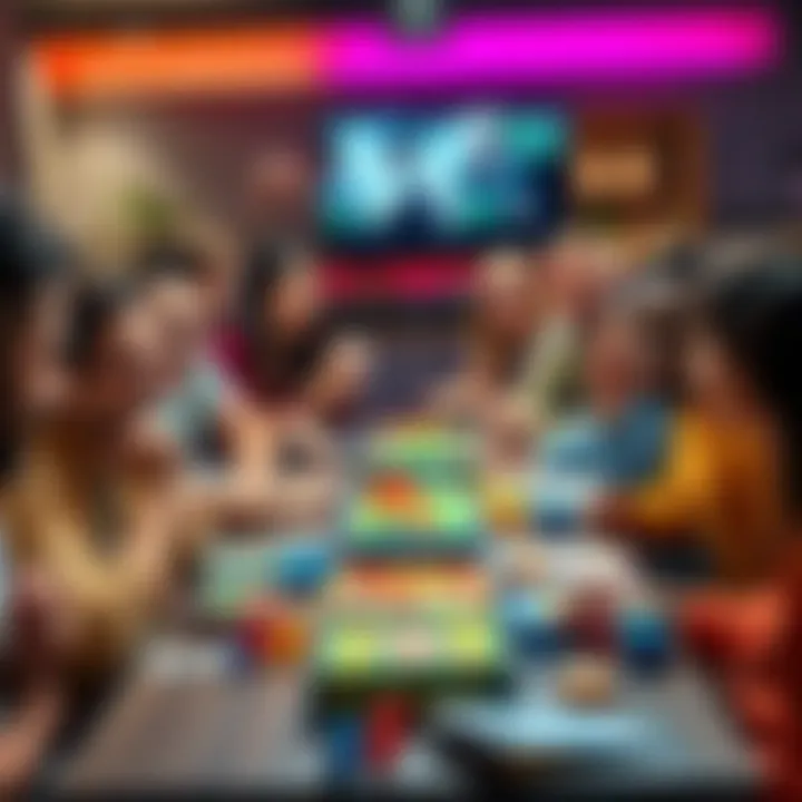 A diverse group of people enjoying various board games together at a table, showing laughter and fun.