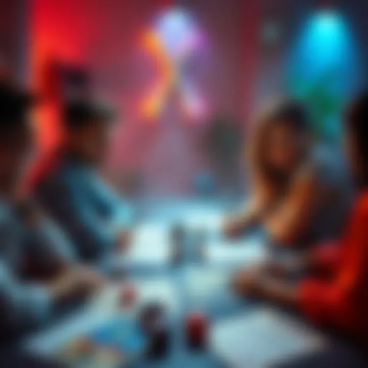 A group of friends strategizing around a table for an 8-9 player game, with dice and character sheets in front of them.