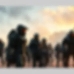 Grunts and Elites in Halo A scene depicting grunts in Halo standing beside elites, showing signs of conflict during the Great Schism, with brutes in the background preparing for battle.