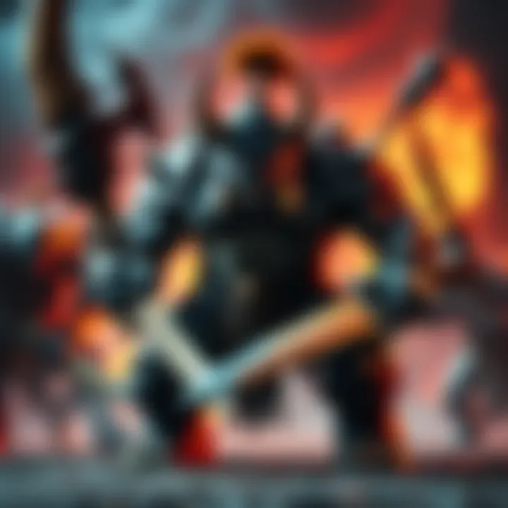 Grux stands strong in his battle stance, showcasing his tankiness and high damage in the arena while facing multiple opponents.