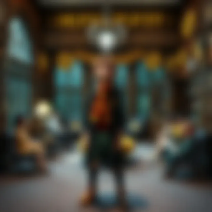 Gryffindor student in Hufflepuff common room A Gryffindor student stands surprised in the cozy Hufflepuff common room, surrounded by Hufflepuff decorations and curious students, showcasing unexpected house unity.