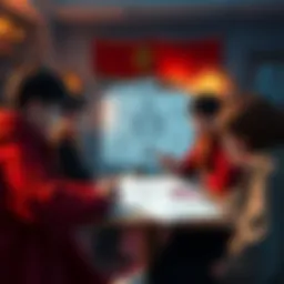 A group of people discussing cultural backgrounds for a fictional Gryffindor character, with sketches and notes around them.