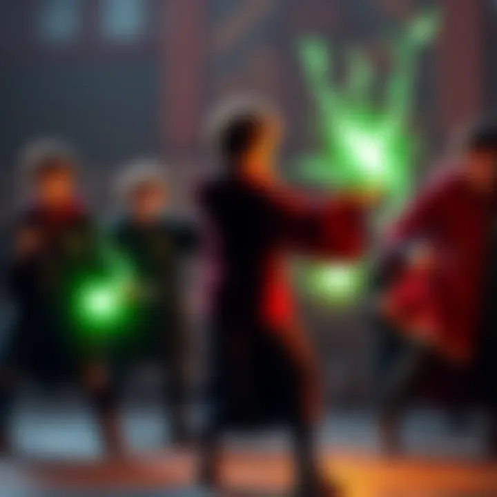 Gryffindor students casting Diffindo A group of Gryffindor students practicing the spell Diffindo in a magical duel, showcasing bright green energy and excitement during their training session.