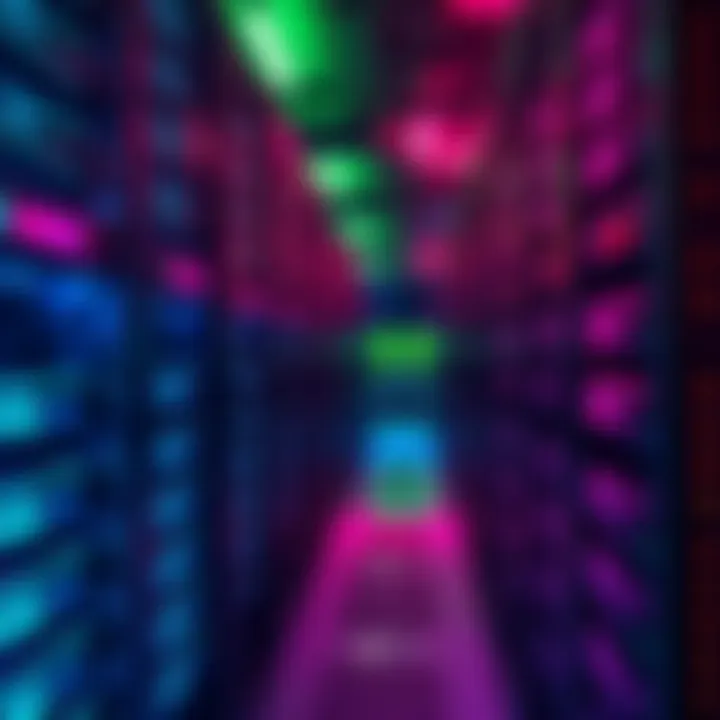 G.Skill RGB Memory in a Data Center A data center filled with racks of computer servers featuring vibrant RGB G.Skill memory modules
