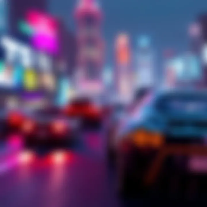 New players exploring a vibrant city in GTA Online, with cars racing and characters interacting.