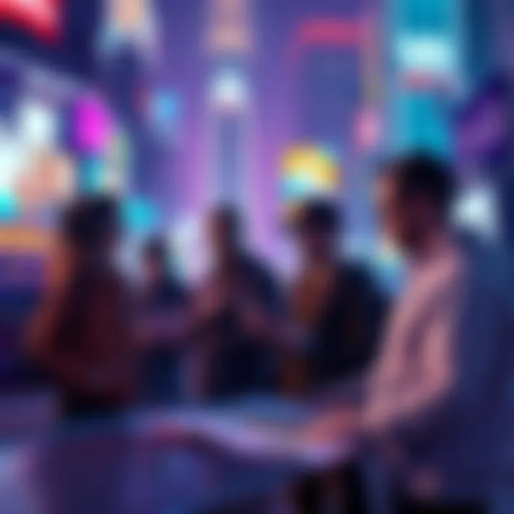 A group of new players exploring GTA Online, looking at the game map and planning their next move, in a vibrant city setting.
