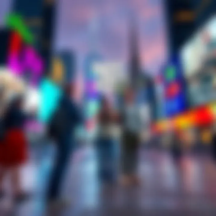 A group of friends exploring a vibrant city, capturing photos in front of landmarks that resemble locations from GTA V
