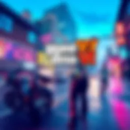 A promotional image showcasing Grand Theft Auto VI with vibrant graphics and an urban setting, highlighting action and excitement.