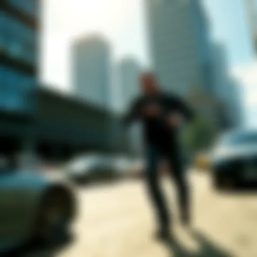 A thrilling action scene from a GTA IV mission featuring Niko Bellic in a city environment with cars and buildings around.