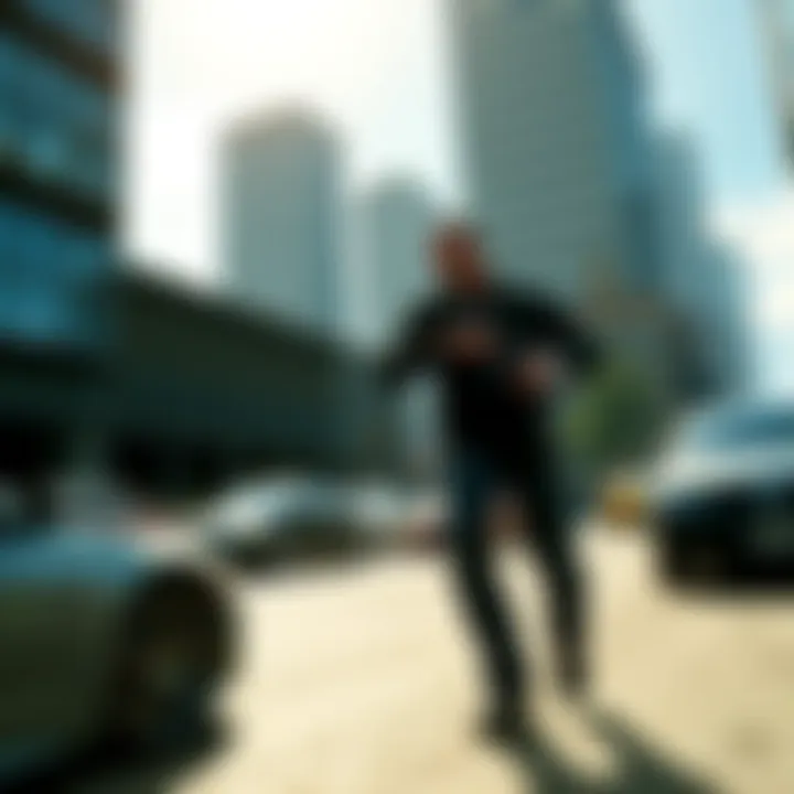 A thrilling action scene from a GTA IV mission featuring Niko Bellic in a city environment with cars and buildings around.