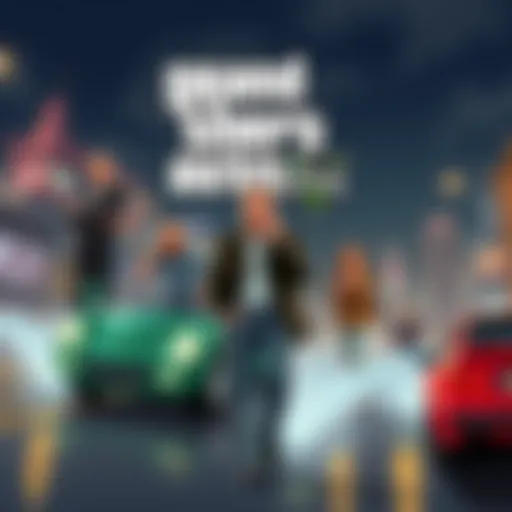 1990s styled artwork showcasing characters and vehicles from the GTA 4 game
