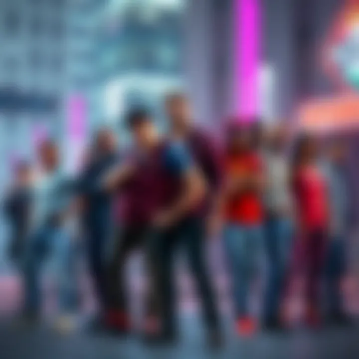 Various characters from GTA 5 standing together in an urban setting
