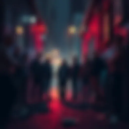 GTA 5 characters standing in a shadowy alley with money scattered around, portraying greed and darkness in the game