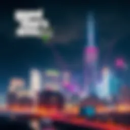 A digital artwork featuring a city skyline with vibrant lights, representing the excitement around the upcoming release of Grand Theft Auto 6 and its projected impact on the gaming industry.