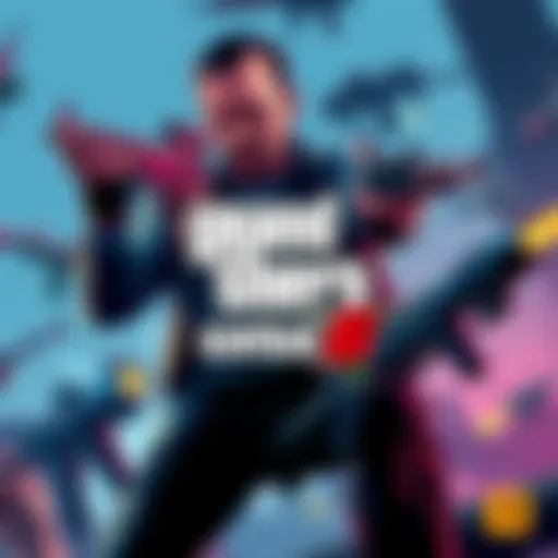 Concept art showing new gun mechanics in GTA 6 with a character in action and various weapons displayed