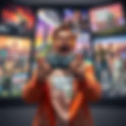 A gamer excitedly holding a game controller, surrounded by posters of GTA6, showcasing vibrant cityscapes and characters.