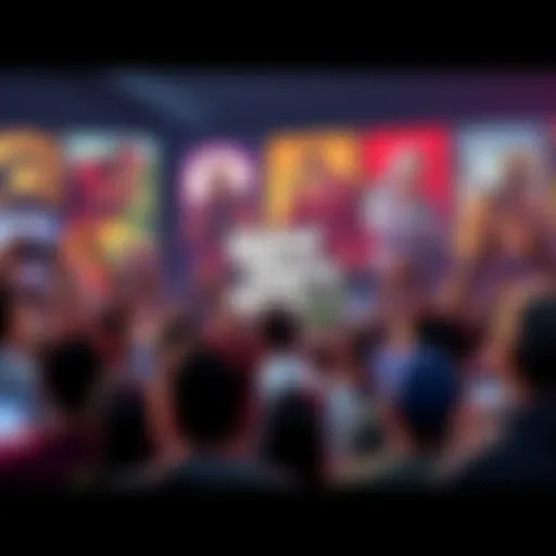 A crowd of excited gamers discussing the highly anticipated release of GTA 6, with gaming posters in the background.