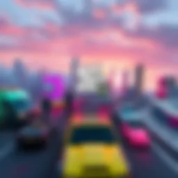 Concept art showing a modern cityscape with iconic vehicles and characters from the GTA series