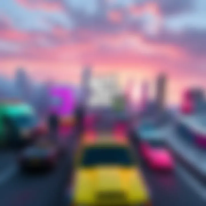 GTA 6 Art Concept Concept art showing a modern cityscape with iconic vehicles and characters from the GTA series
