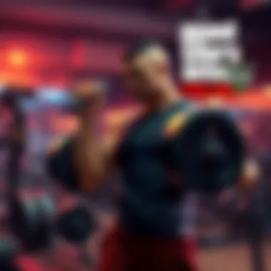 A character from GTA 6 lifting weights while in a gym setting, showcasing RPG elements like fitness and health activities.