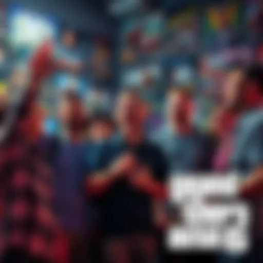 A group of fans animatedly talking about their expectations for GTA 6, surrounded by gaming posters and merchandise