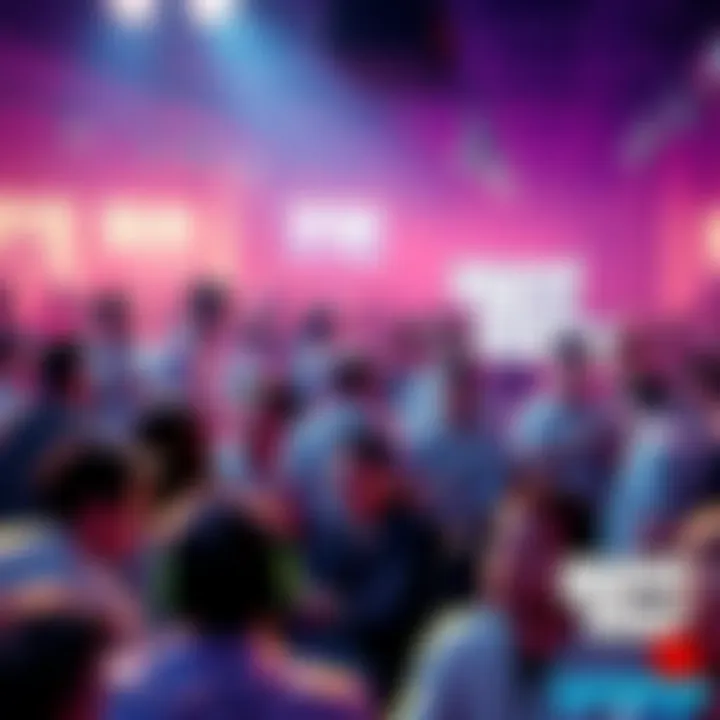 A crowded room filled with gamers discussing the excitement and expectations for GTA 6, some looking skeptical.