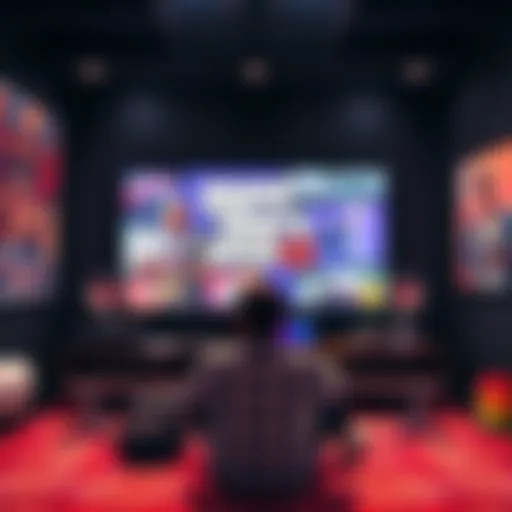 A gamer sitting in front of a large screen, playing GTA 6, surrounded by posters and merchandise related to the game, expressing excitement and anticipation.