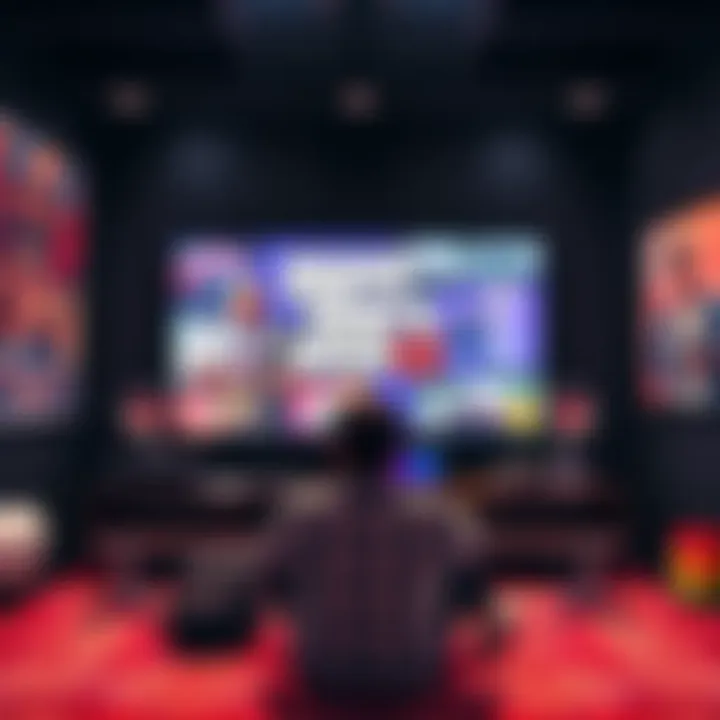 A gamer sitting in front of a large screen, playing GTA 6, surrounded by posters and merchandise related to the game, expressing excitement and anticipation.