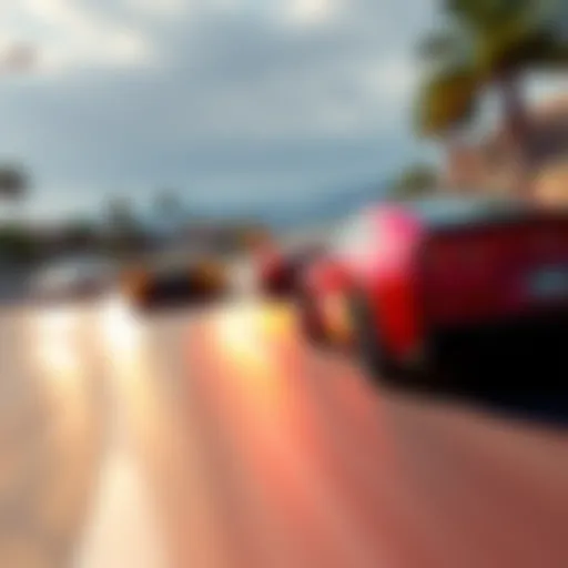 Fast cars racing in GTA 6 High-speed driving scene from GTA 6 showing cars zooming with excitement and minimal crashes