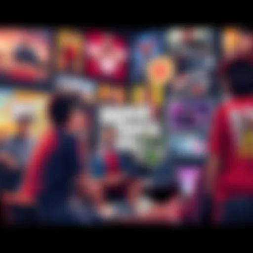 A group of gamers discussing their excitement for GTA 6 while surrounded by gaming posters and merchandise.