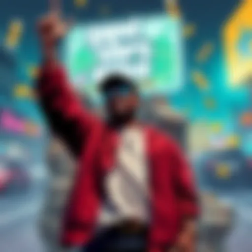 A person celebrating with a large stack of cash and memecoin graphics in the background, representing a significant financial gain from a leak.