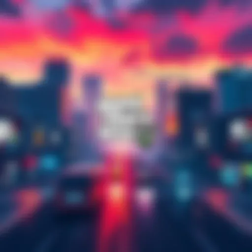 A digital art piece showing a vibrant cityscape from the upcoming GTA 6 game, with promotional banners hinting at the November release.