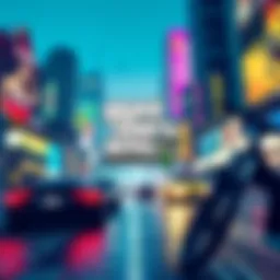 A promotional image of Grand Theft Auto 6 showcasing vibrant city life and action scenes, highlighting that it will not include microtransactions or AI features.