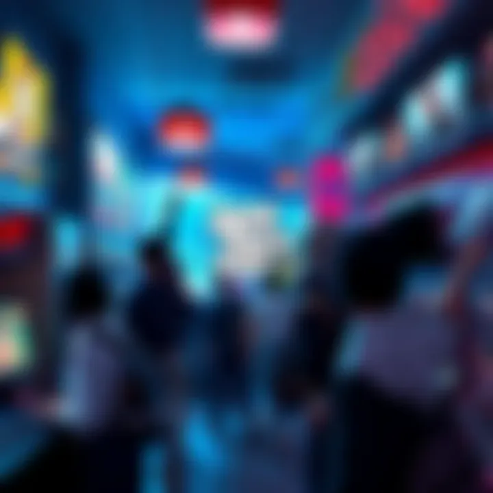Gamers showing excitement for GTA 6 pre-orders with colorful posters and game art in a lively gaming store atmosphere.