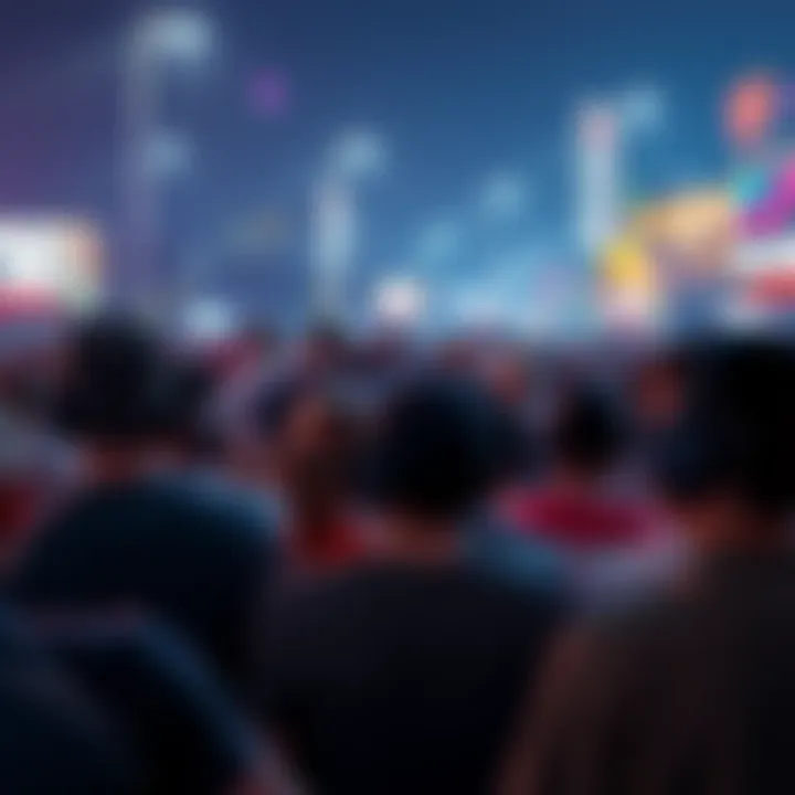 A crowd of gamers watching GTA 6 gameplay footage during a preview event