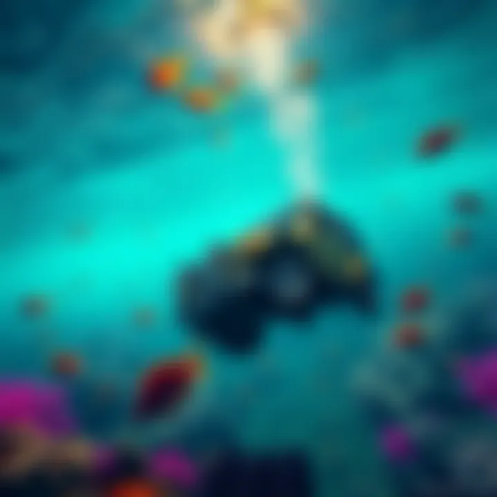 A vibrant underwater world in GTA 6 featuring colorful marine life and a submerged vehicle