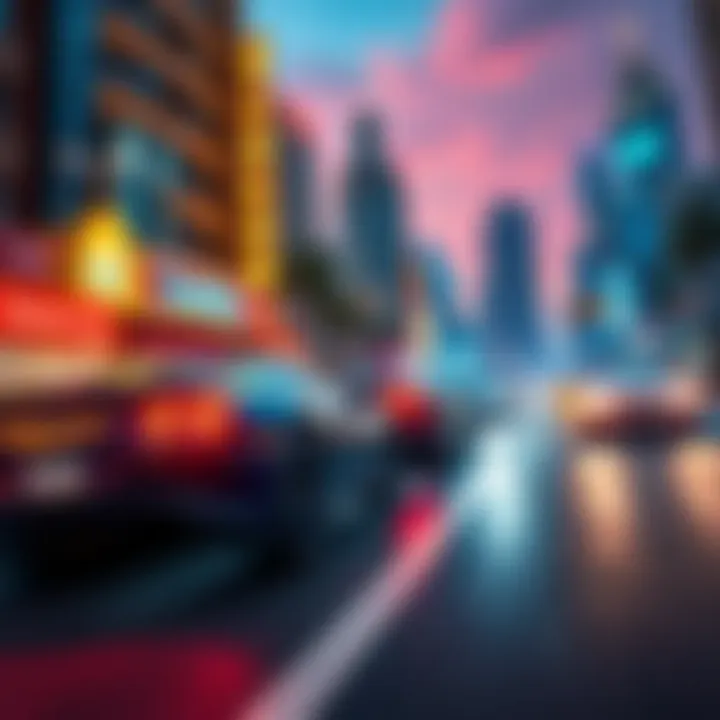 An intense action scene featuring cars speeding through a vibrant city with stunning graphics in a video game style
