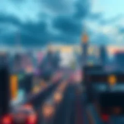 A vibrant city skyline filled with skyscrapers, bustling streets, and cars, capturing the essence of the Grand Theft Auto game world.