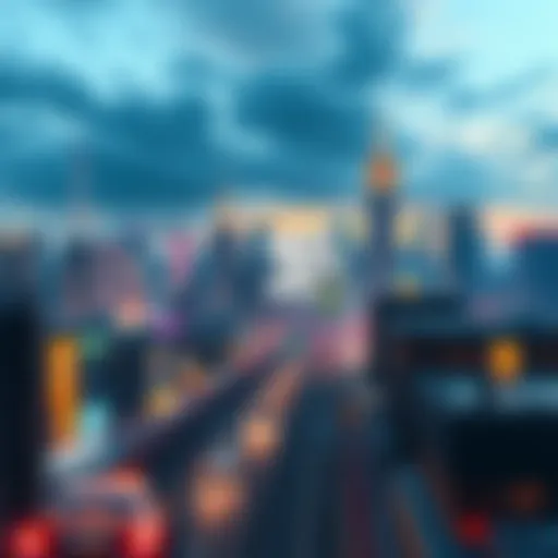 A vibrant city skyline filled with skyscrapers, bustling streets, and cars, capturing the essence of the Grand Theft Auto game world.