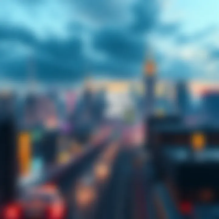 A vibrant city skyline filled with skyscrapers, bustling streets, and cars, capturing the essence of the Grand Theft Auto game world.