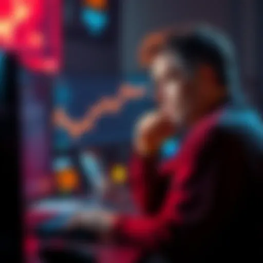 A frustrated game developer looks at a computer screen displaying financial losses, symbolizing a failed gaming project.
