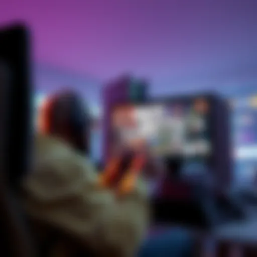 A gamer playing Grand Theft Auto on a PC, with a console in the background, showcasing the difference in launch timing.